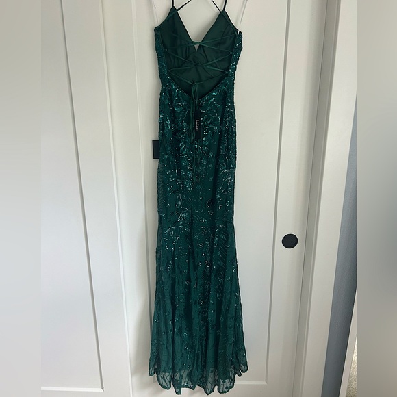 Lulus Dresses & Skirts - Dark green Lulu’s backless prom dress with lace up straps and sequin detailing